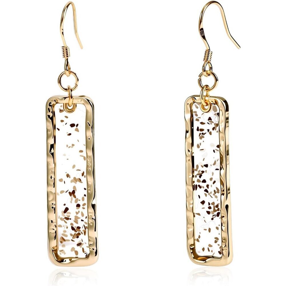 Gold Rectangle Dangle Earrings Handmade Resin with Abalone Shell Piece
